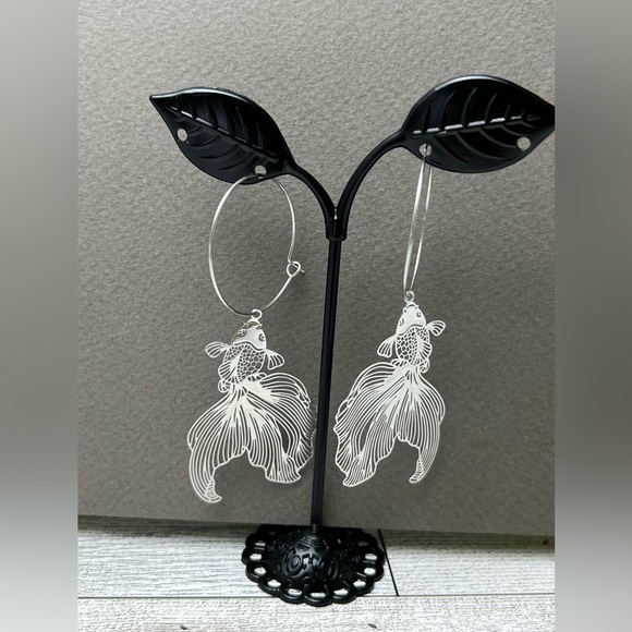 Oversized Silver Fish Hoop Earrings - Unique Statement Hoop Earrings - Picture 4 of 12